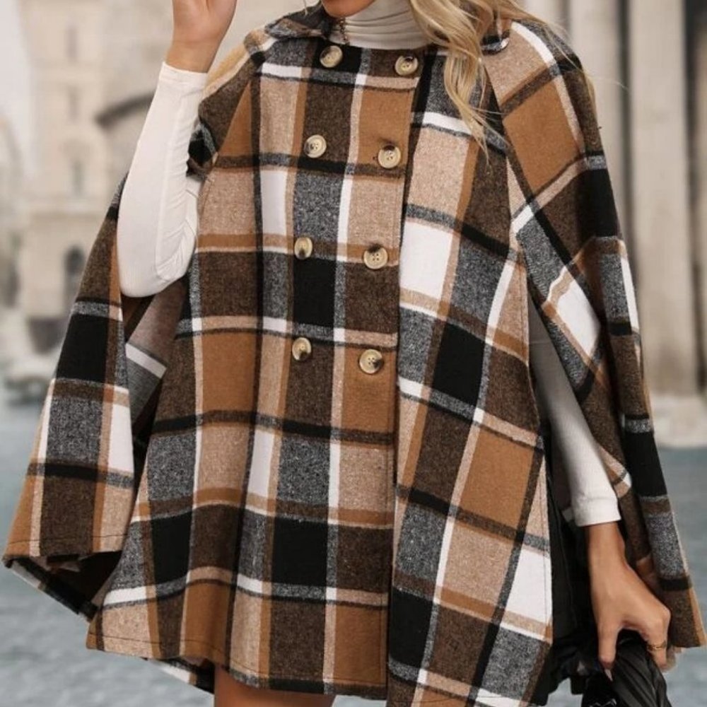 Double Breasted Plaid Print Cloak Sleeve Coat jacket cape - Picture 4 of 6